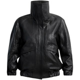 ONI Funnel Neck Leather Jacket in Black