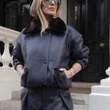 DIAMOND GIRL Leather Bomber in Navy