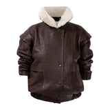 DIAMOND GIRL Leather Bomber in Espresso Brown
