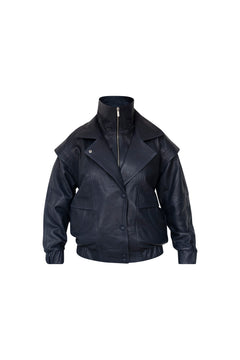 DIAMOND GIRL Leather Bomber in Navy