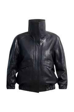 ONI Funnel Neck Leather Jacket in Black