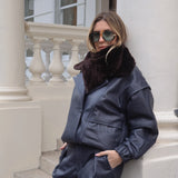 DIAMOND GIRL Leather Bomber in Navy