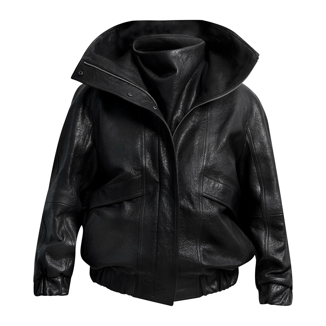 ONI Funnel Neck Leather Jacket in Black
