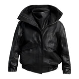 ONI Funnel Neck Leather Jacket in Black