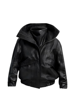 ONI Funnel Neck Leather Jacket in Black